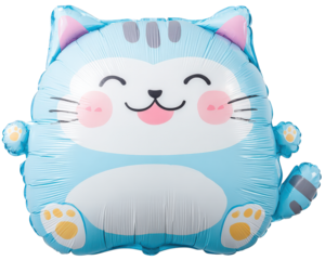 Blue cat balloon cartoon animal cute smiling face isolated on transparency background playful party decoration cheerful inflatable children fun