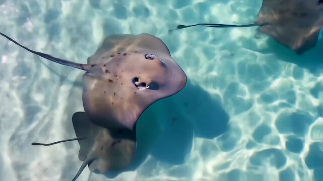 Graceful stingrays gliding in pristine tropical waters, filmed from above for stock footage