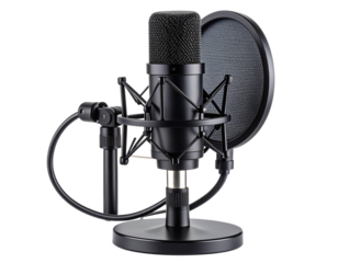 Minimalist Podcasting Setup: Desktop Microphone with Pop Shield, Transparent Cutout
