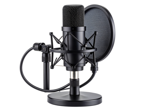 Minimalist Podcasting Setup: Desktop Microphone with Pop Shield, Transparent Cutout