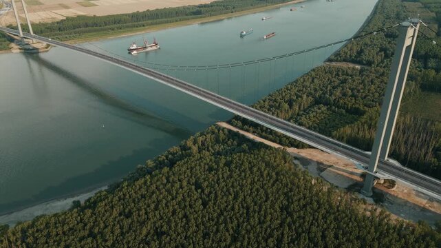 Aerial View Of Danube River With Braila Bridge In Galati, Romania.