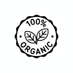 One Hundred Percent Organic Label with Leaves in Black and White