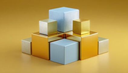 Obraz premium Geometric abstract composition of stacked cubes in light blue, gold, and silver on a golden background