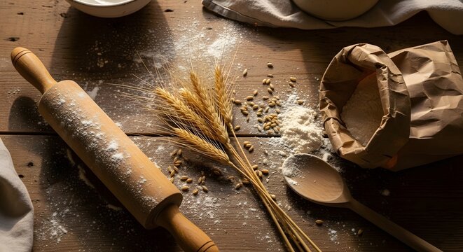 Rustic Baking Ingredients with Flour, Wheat, and Rolling Pin on Wood
