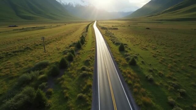 Drone descent into valley road with rotation and perspective shift