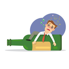 Drunk Man Hugging Alcohol Bottle. Alcohol addiction concept. Bad habits and unhealthy. Not save money. Drawings, Illustration, Cartoon, Vector.