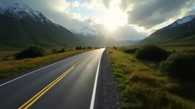 Drone descent into valley road with rotation and perspective shift