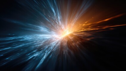 Abstract cosmic explosion, radiant energy bursts outward from a central point, dual color (blue & orange), dynamic motion