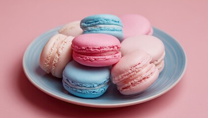 Fototapeta premium Pastel-colored macarons on a light blue plate against a pink backdrop
