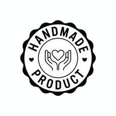 Handmade product label with heart and hands in black and white