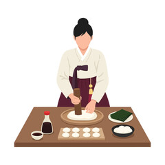 Woman in Traditional Dress Making Mochi at Wooden Table