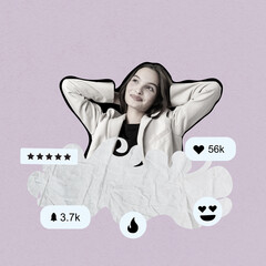 Young woman expresses joy and confidence against a light purple background while engaging with...