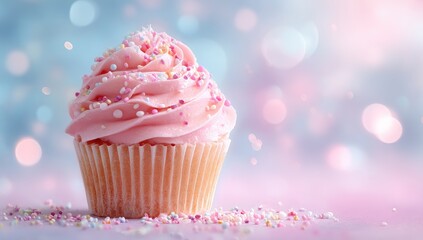 Pink cupcake with fluffy frosting and sprinkles on a pastel background