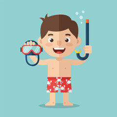 Happy Boy Holding Mask and Snorkel on Blue Background