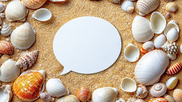 Blank speech bubble on sand background surrounded by varied seashells