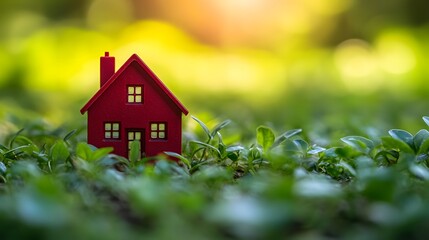 Naklejka premium Red miniature house model amidst lush green leaves with blurred sunlight background, representing eco-friendly living, sustainable housing concepts,