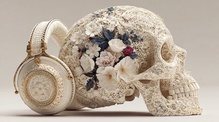 Skull Headphones Flowers Ceramic Design Decorative Floral Bone Craft Artistic Ornamental Elegant Unique Premium Stylish Conceptual White Modern Display Vintage ObjectAbstract Gold Classy