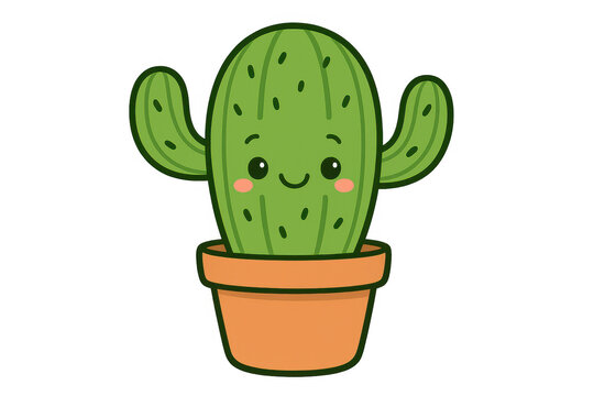 Kawaii smiling cactus growing in a terracotta pot on a transparent background, ideal for nature and plant related designs