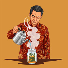 Person Pouring Water From Kettle Into Jar with Green Leaves on Brown Background
