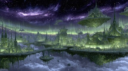 Floating Emerald City At Night Under Stars