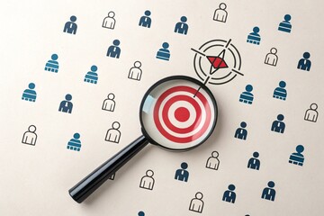Magnifying glass focused on a target amidst a crowd of people icons