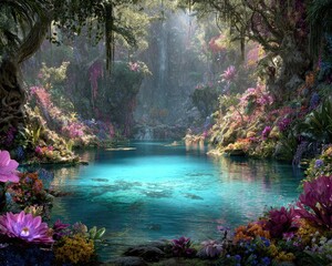 Magical Forest Pond With Vibrant Flowers