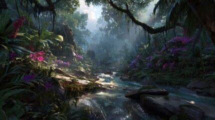 Tropical Jungle River Scene With Lush Plants And Flowers