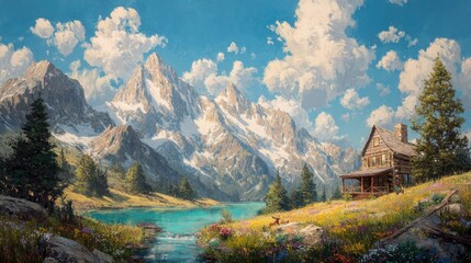 Colorful Pixel Art Mountain Landscape With Cabin And River