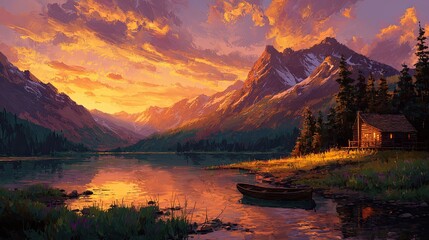Pixel Art Cabin By Mountain Lake At Sunset