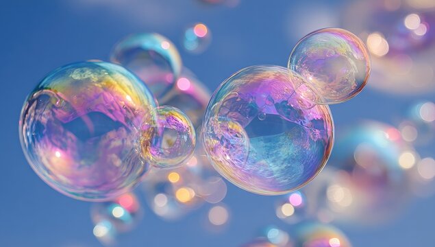 Colorful soap bubbles float in the sky