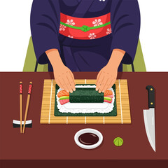 Person Making Sushi Roll with Rice and Fish on Bamboo Mat