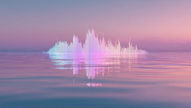 Abstract landscape, pastel hues,  spectral waveform reflecting on calm water