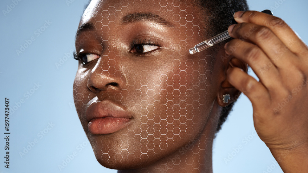 Aufkleber skincare routine featuring serum application on model's face with a hexagonal pattern overlay during