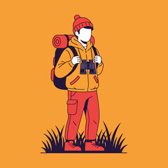 Standing Hiker with Backpack Binoculars in Orange Graphic Illustration