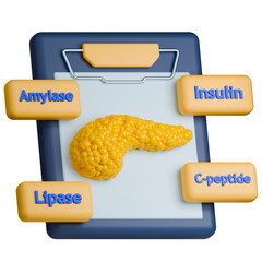 Pancreas related medical laboratory test 3d illustration, showing pancreatic amylase, lipase, insulin, and C-peptide test on clipboard.