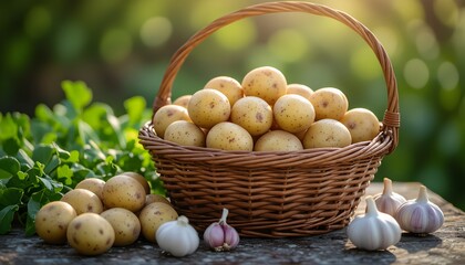 Verdure di fine estate ed autunno: cesto con patate ed aglio