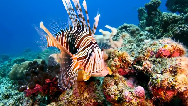 Striking lionfish swimming gracefully in crystal-clear tropical waters, underwater nature