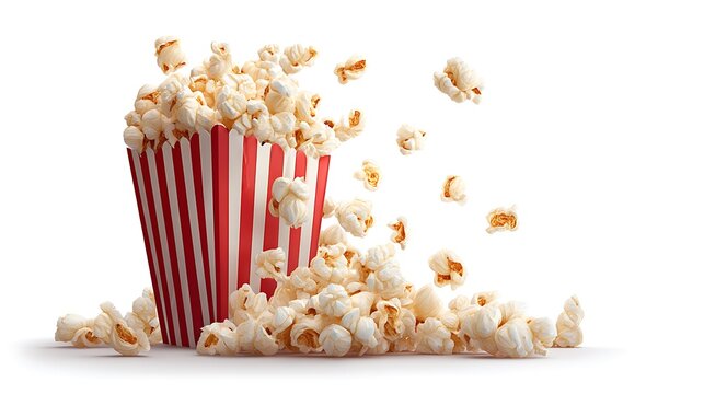 A realistic illustration of a striped popcorn box overflowing with fluffy white popcorn, set against a clean white background, showcasing sharp details and natural texture. .