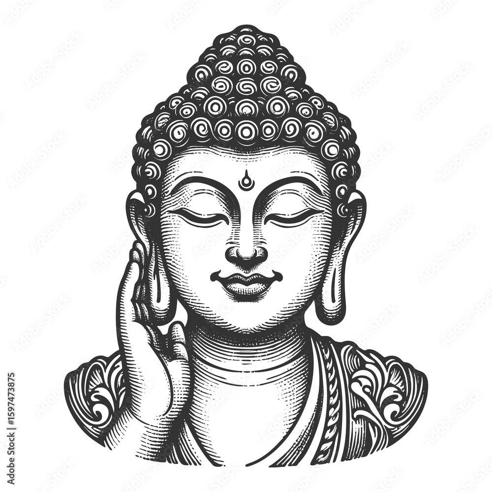 Poster smiling buddha peaceful face with closed eyes and gentle smile sketch engraving generative ai fictio