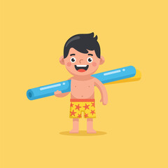 Smiling Boy Holding Blue Pool Noodle on Yellow Background