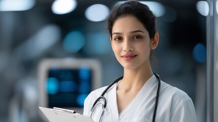 Young female medical professional wearing uniform and stethoscope holding a clipboard smiling in a modern hospital setting with defocused medical equipment in background