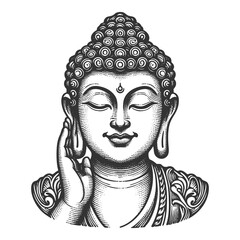 Smiling Buddha peaceful face with closed eyes and gentle smile sketch engraving generative ai fictional character raster illustration. Scratch board. Black and white image.
