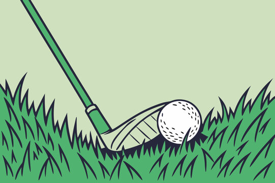 Golf club positioned behind a golf ball on manicured grass, ready for a clean shot on a sunny day, modern flat illustration style.