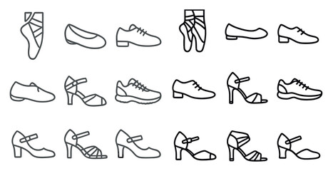 Obraz premium Dance and footwear outline icons set – ballet, shoes, line art symbols