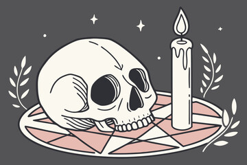 Obraz premium Hand-drawn occult ritual scene with skull and candle, depicting mystical symbolism and dark esoterica in modern flat illustration style.