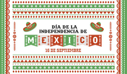 Dia de la independencia de Mexico 16 septiembre 2025 banner backgrpund  design with traditional Mexican papel picado pattern background. Translation: The independence day of Mexico 16th September 2025