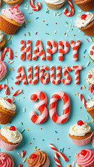 Colorful dessert composition with birthday sweets and greetings on a blue background, copy space