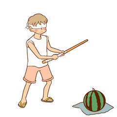 スイカ割りをしている男の子のイラスト