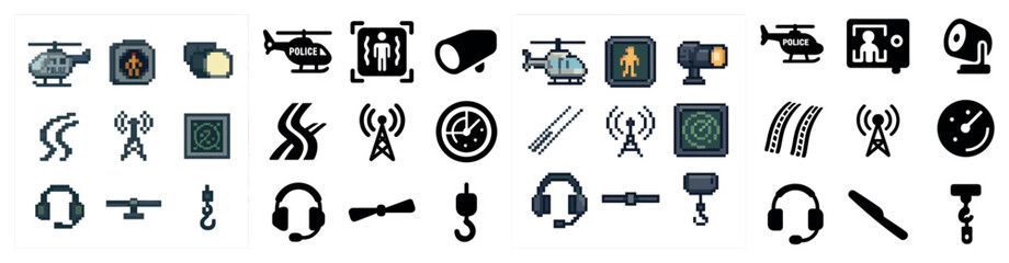 Fototapeta premium Surveillance and security pixel art icons set – cameras, monitoring, alert signs