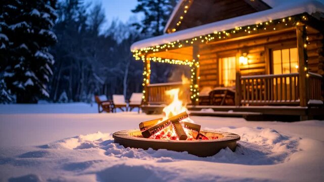 Cozy Winter Cabin Retreat: Fire Pit Flames & Snowy Evening Ambiance